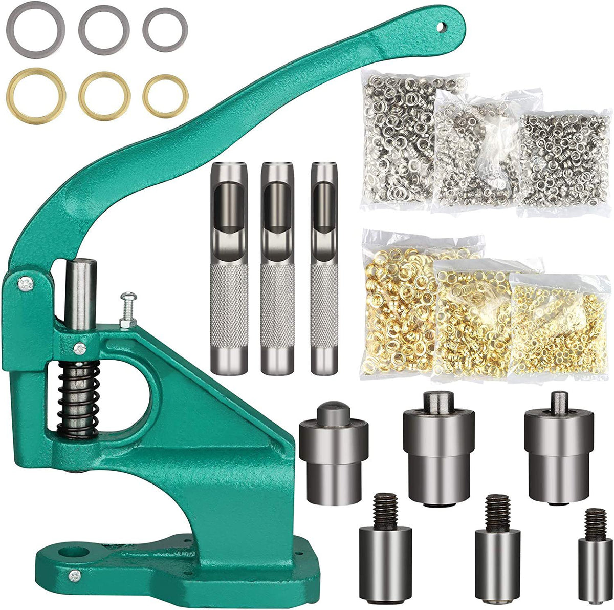 Hand crank grommet press with dies, punch pins, mallet, and silver and gold eyelets for leather