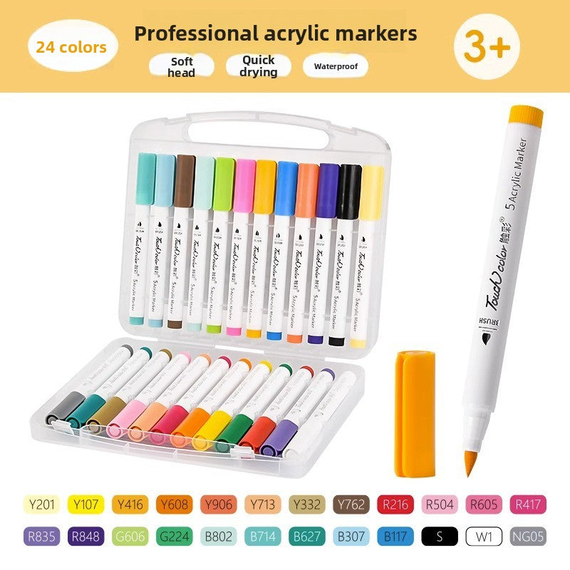 Twenty four color acrylic marker set in a clear satchel case with a single brush marker