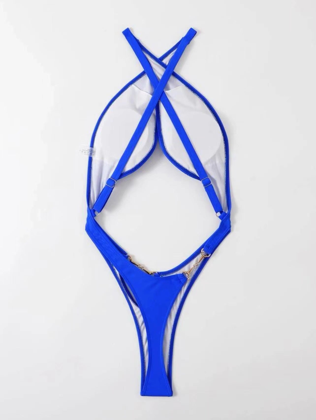 High cut leg detail of the cobalt blue one piece cutout swimsuit