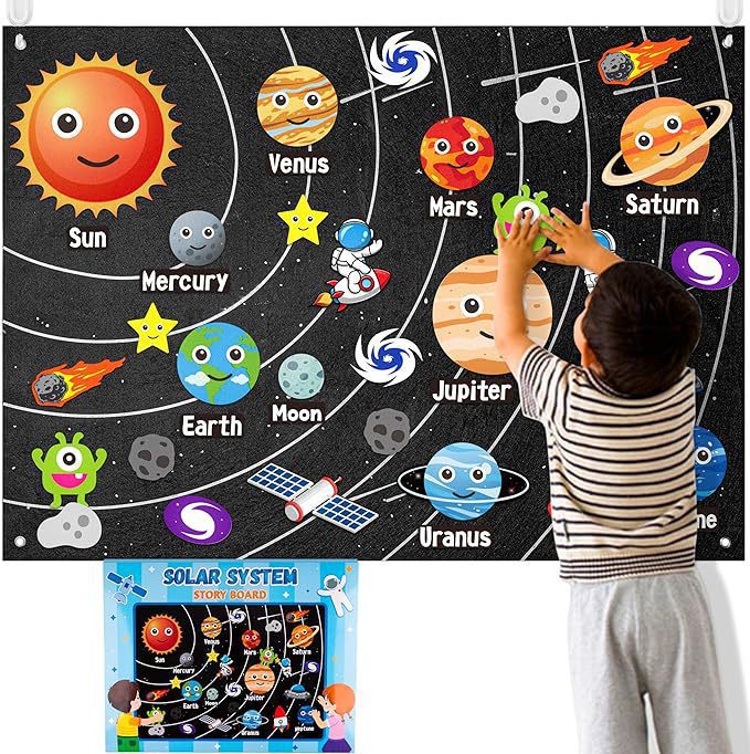 Child placing felt planets on a solar system felt story board with the sun and labelled planets