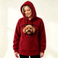 Dark red teddy fleece hoodie with the hood up and a small dog's head showing through the chest opening