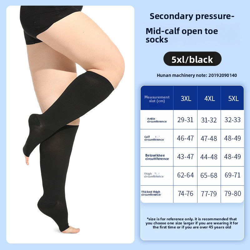 Beige mid calf compression sock on the leg shown against a plain light background