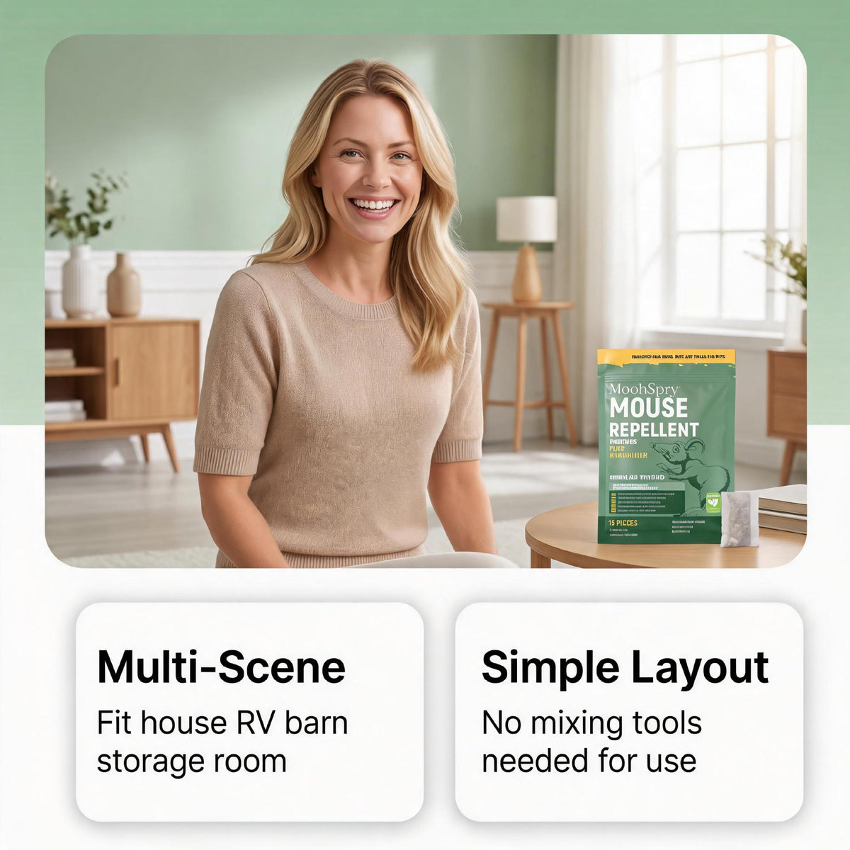 Peppermint and cinnamon scent pouch pack shown in a bright living room