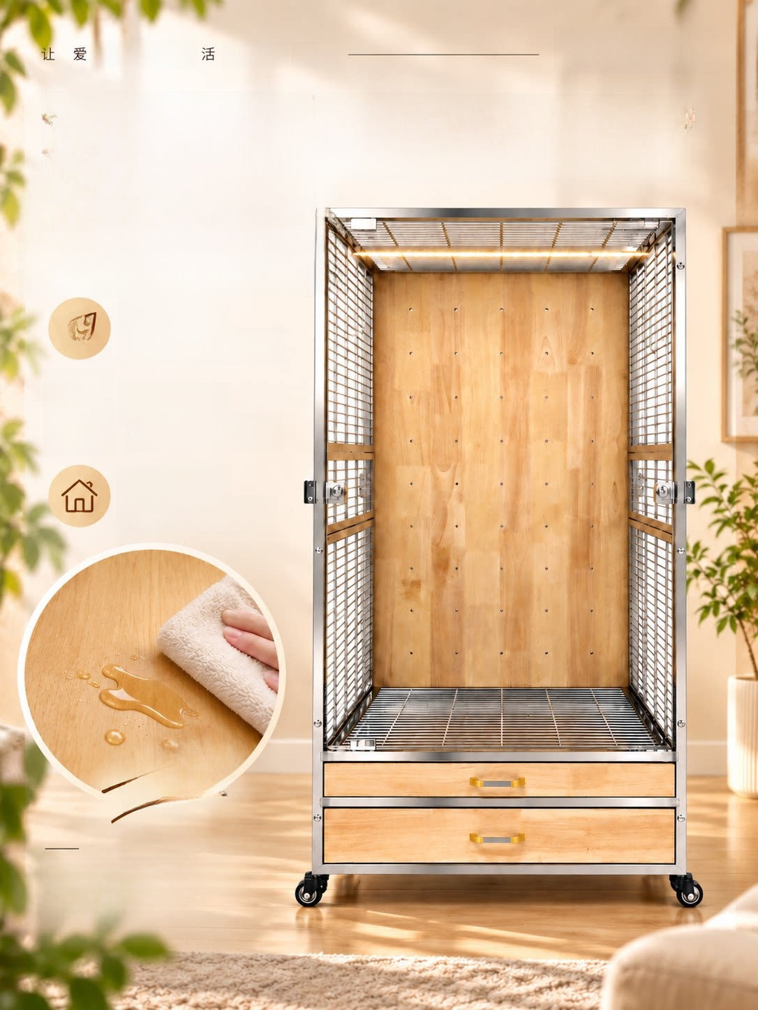 Empty stainless steel parrot cage with a solid wood back panel, two drawers and four casters in a bright living room