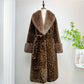 Leopard print long vegan fur coat with a brown fur collar, wide fur cuffs and a tie belt, Leopard Print option