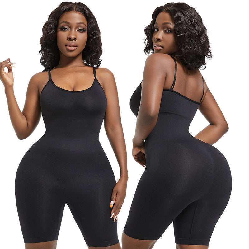 Black seamless cami bodysuit front and back on a model, scoop neck and thin straps