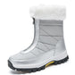 Silver mid top snow boot with plush cuff and front zipper on a white background