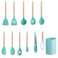 Mint green utensil set with all twelve pieces shown separately, wooden handles and silicone heads