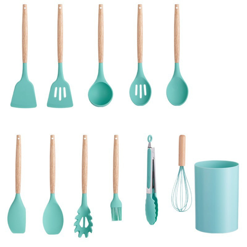 Mint green utensil set with all twelve pieces shown separately, wooden handles and silicone heads