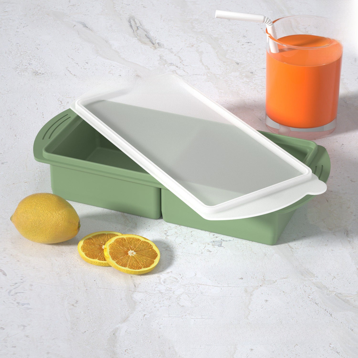 Flexible platinum silicone ice cube tray with a rectangular tray for frozen broth and baby food