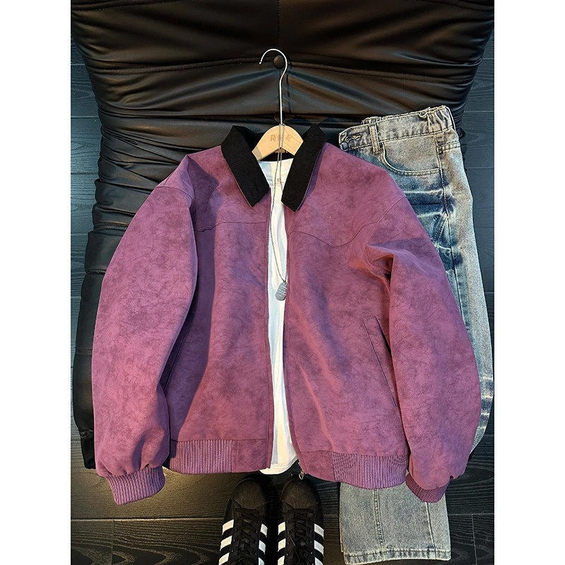Purple tie-dye zip jacket with black ribbed collar on a hanger beside jeans and sneakers, size XXL option
