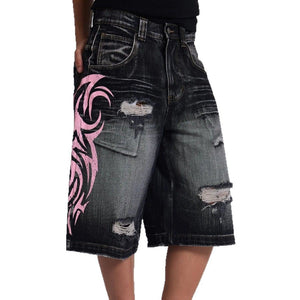 Wide-leg denim pants with vintage print front view