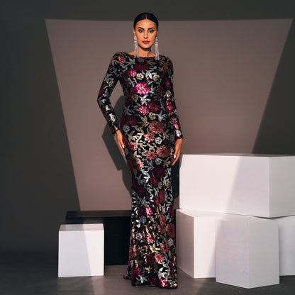 Elegant Sequin Long Sleeve Evening Dress
