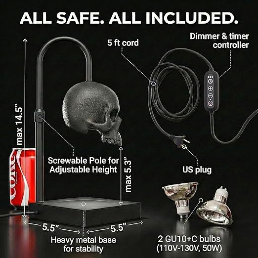 Skull candle warmer lamp shown on a dark nightstand with the skull suspended on a curved metal arm