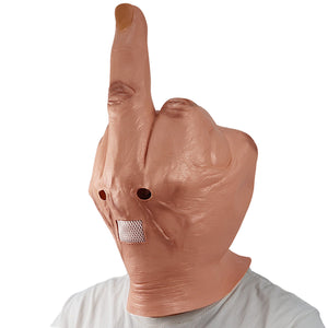 Latex hand-shaped mask with the middle finger raised, three quarter view from the left over a white tee