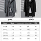 Gray and black wool coats side by side above a size chart with bust, shoulder width, length and sleeve length