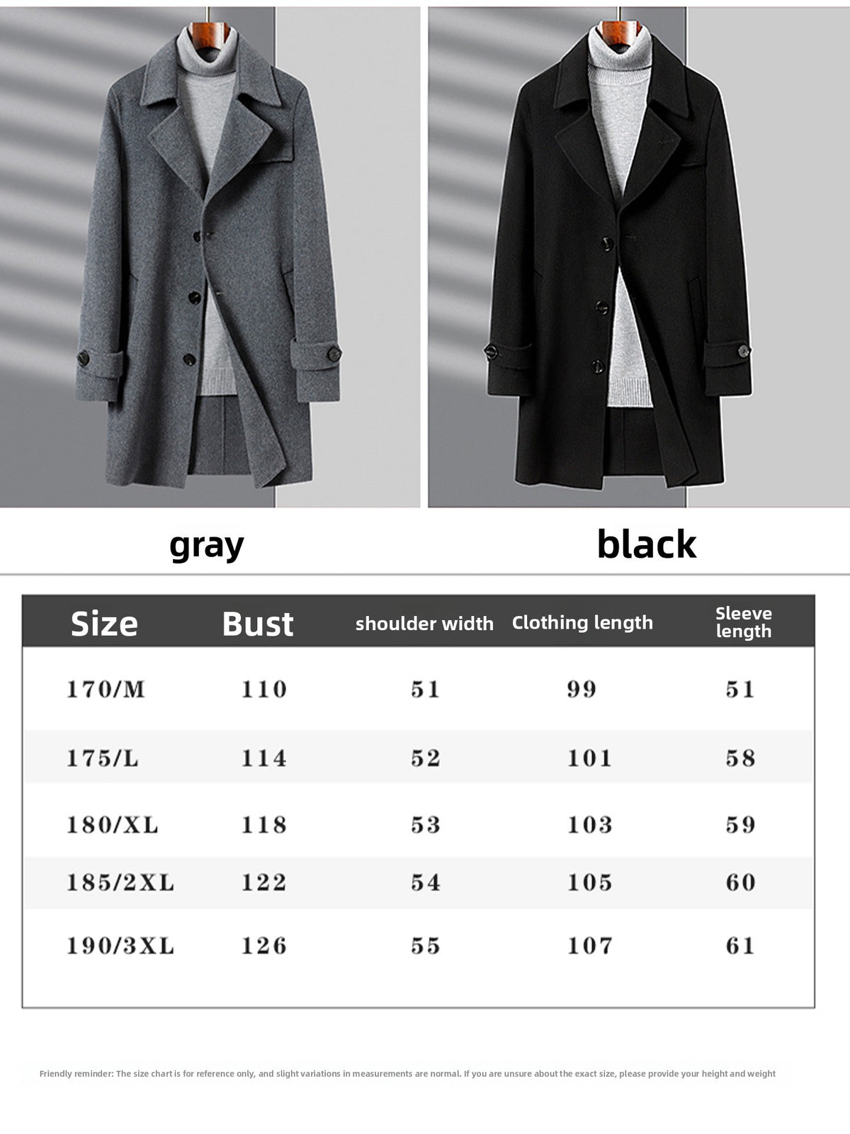 Gray and black wool coats side by side above a size chart with bust, shoulder width, length and sleeve length