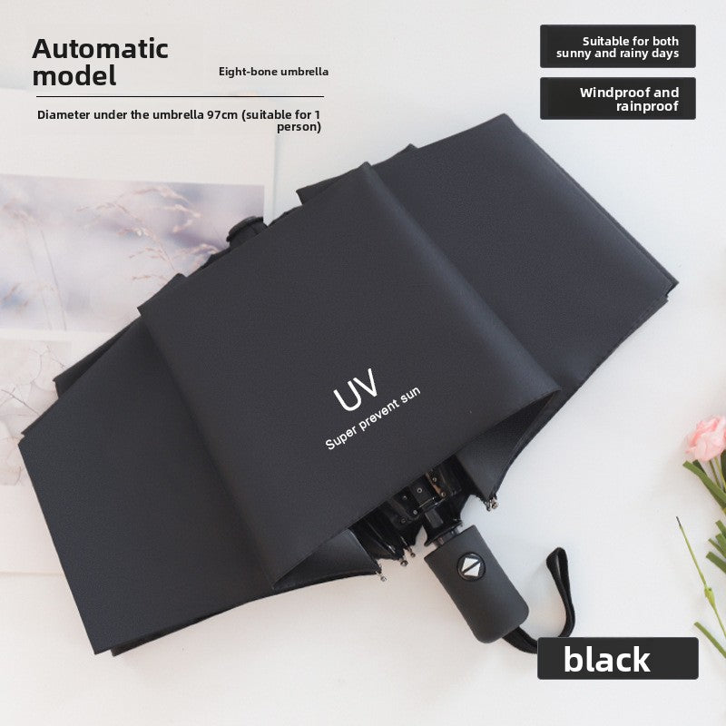 Reverse folding umbrella for sun and rain shown inverted for dripless closing