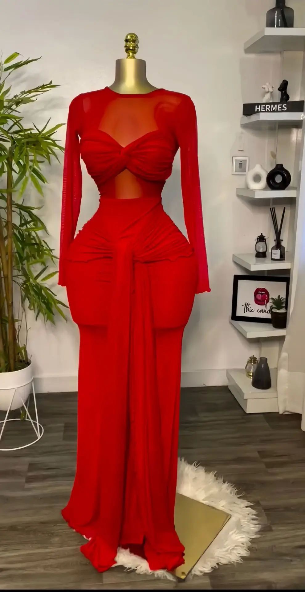 Red long sleeve maxi dress with twisted bust and draped front tie, red color, size M option photo