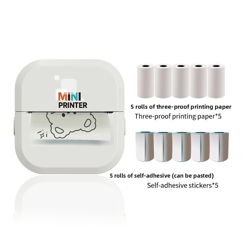 White mini thermal printer displayed with rolls of thermal paper and label sheets