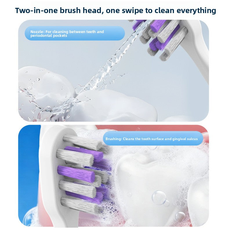 Close-up of a toothbrush head with gray and purple bristles and a thin water stream, with nozzle and brushing panels