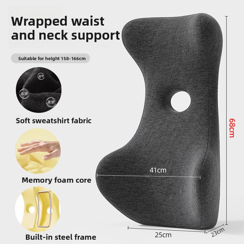 Grey memory foam back and neck support cushion shown on a plain background