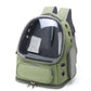 Army green capsule pet carrier backpack with clear dome, front zip pocket and side vents on white