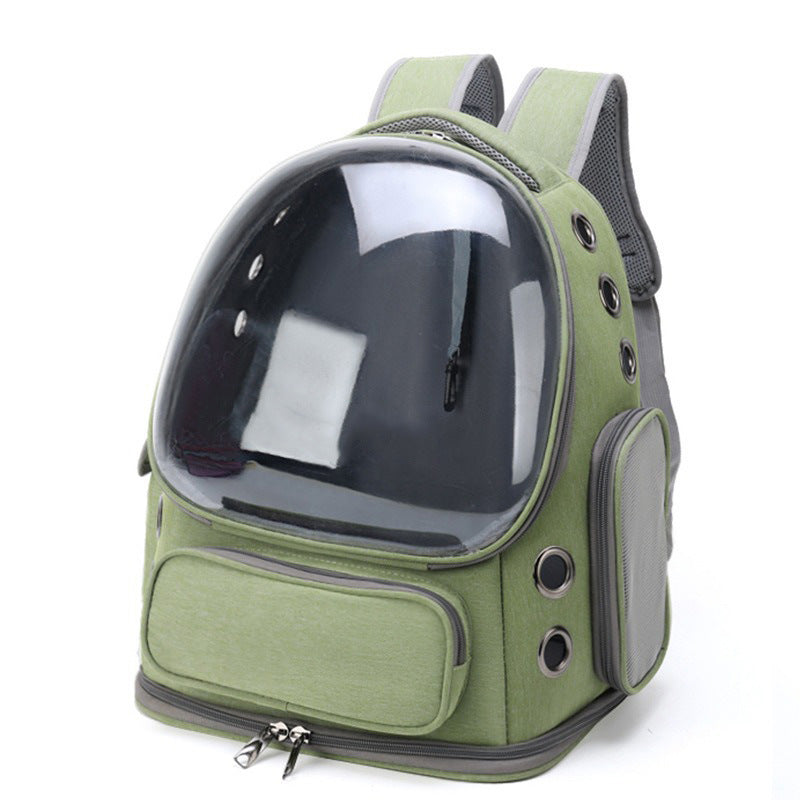 Army green capsule pet carrier backpack with clear dome, front zip pocket and side vents on white