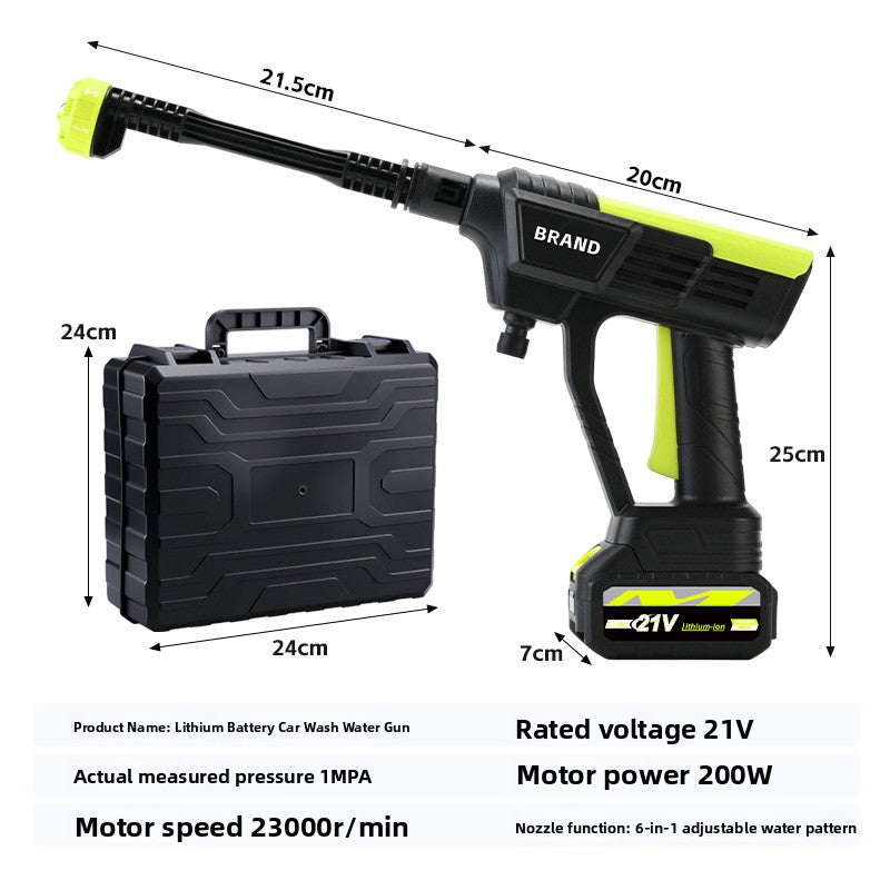 Black and yellow cordless car wash gun standing with battery clipped into the grip