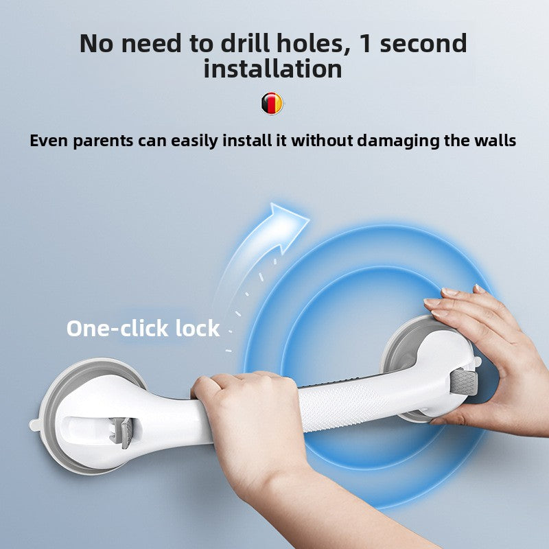 Two hands pressing the grab bar to a wall and closing the flip lever on each suction cup
