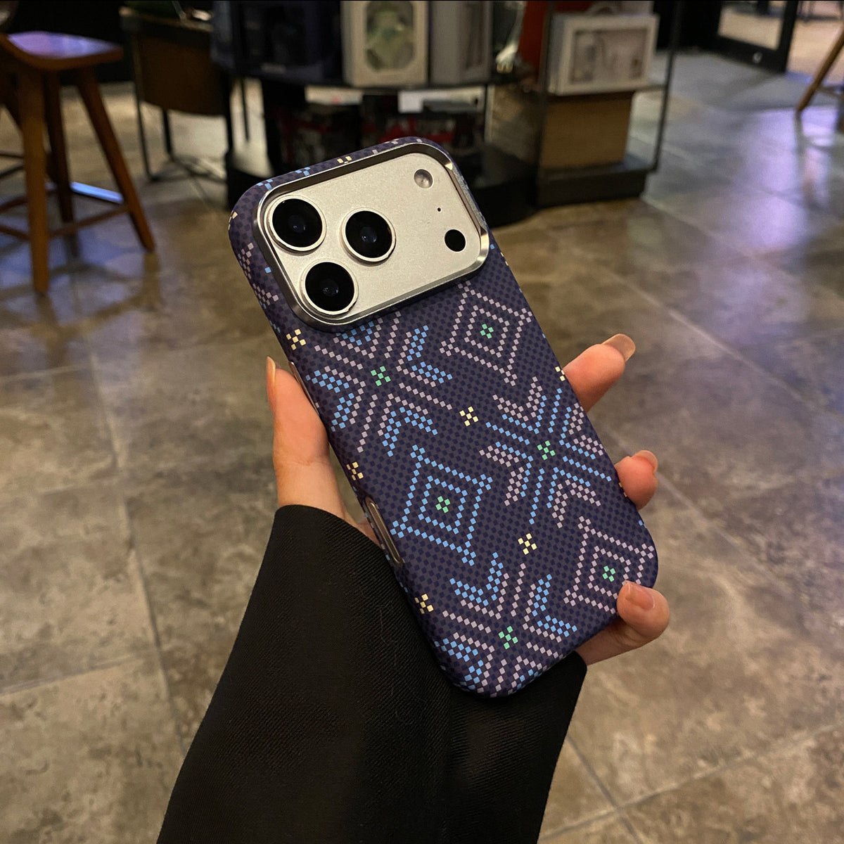 Blue diamond pattern magnetic iPhone case, hard shell back view