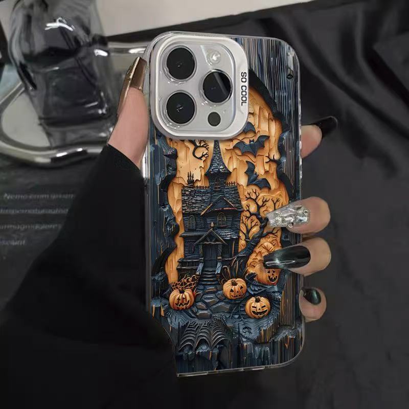Halloween printed iPhone case with a black camera frame held sideways against a stucco wall