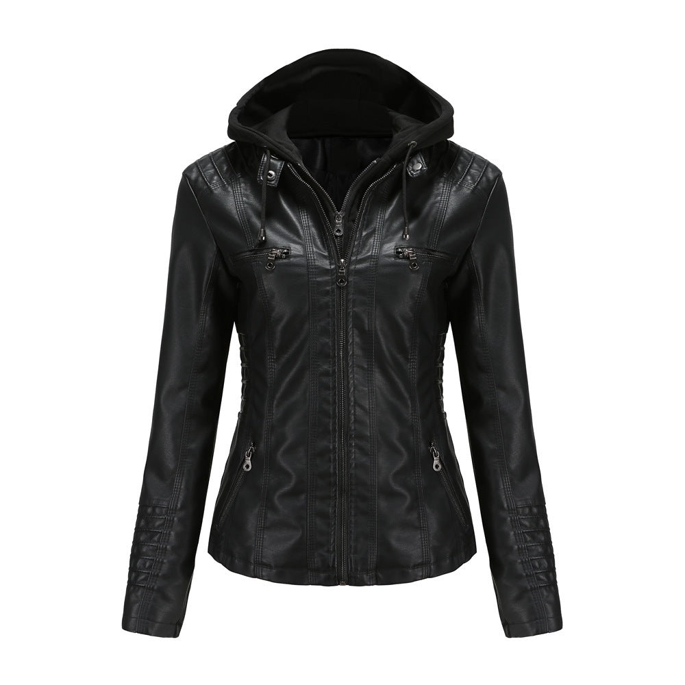 Black PU leather jacket with detachable hood, size 7XL option