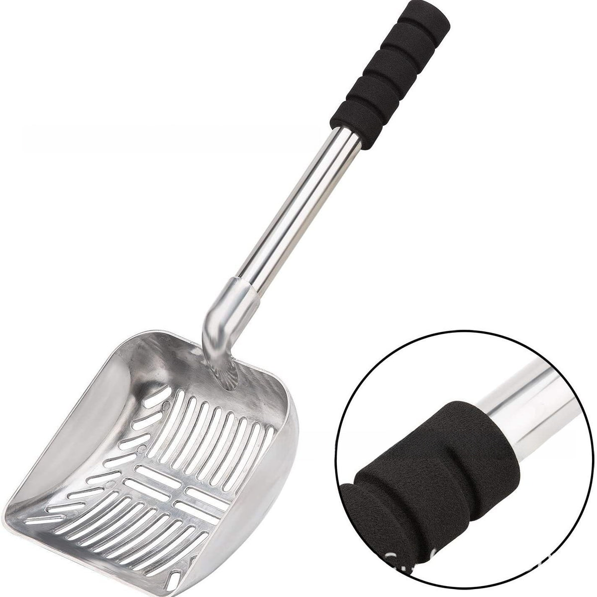 Aluminum alloy cat litter scoop with a long foam grip handle