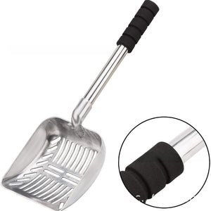 Aluminum alloy cat litter scoop with a long foam grip handle