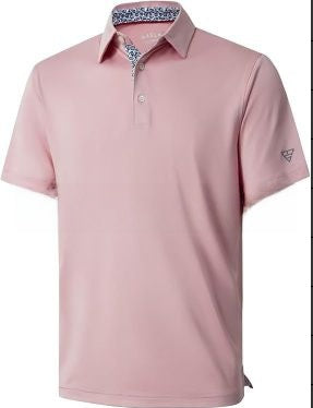 Men's short sleeve polo shirt with a solid body and a printed contrast collar, fitted cut in light polyester