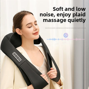 Black PU leather neck massager worn over the shoulders with the handles pulled down at the front