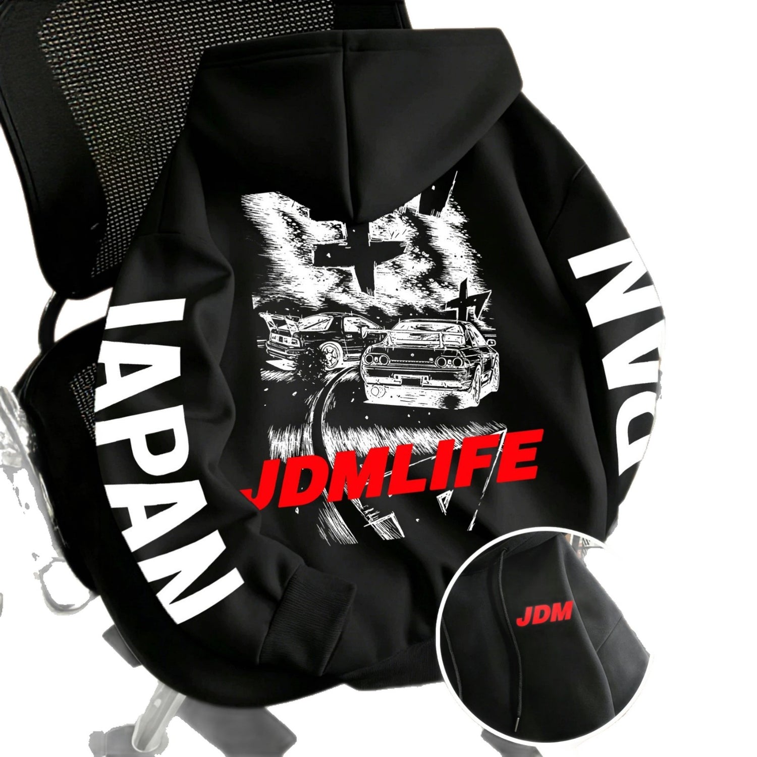 Drawstring hood and kangaroo pocket on the oversized JDM drift graphic fleece hoodie