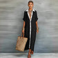 Cotton-linen color block dress side profile showing the relaxed skirt drape