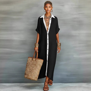 Cotton-linen color block dress side profile showing the relaxed skirt drape