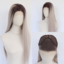 13x4 Lace Front Synthetic Wig, Long Straight Gray Ombre, Heat Resistant Full Cap
