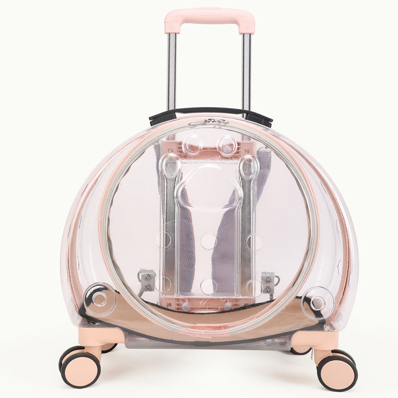 Transparent shell pink rolling pet carrier with a bubble window, pink trim, pull rod and four wheels