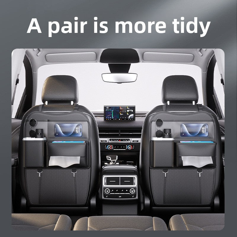 Rear passenger reaching snacks from the seat back organizer pockets in the cabin