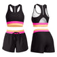 Back view of the racerback swim tank top showing the open racer back cut and color block hem
