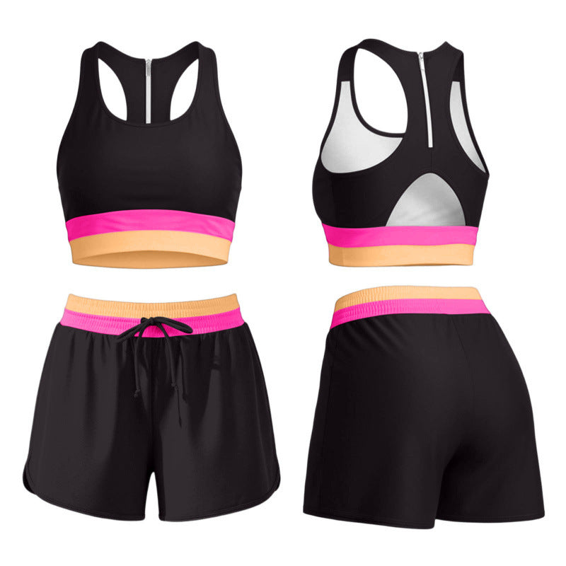 Back view of the racerback swim tank top showing the open racer back cut and color block hem