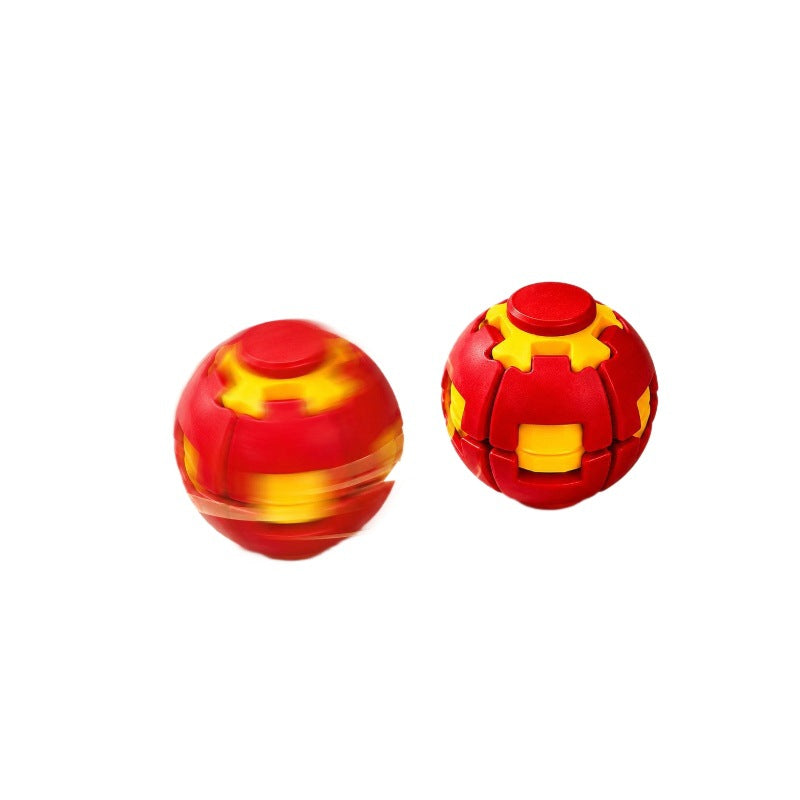 Two red and yellow press and spin fidget balls shown on a plain white background