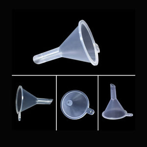 Four views of a translucent polypropylene mini funnel showing its stem and tab handle