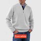 Pure white mens acrylic knit quarter zip stand collar pullover sweater worn by a standing male model