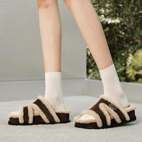 Suede Fleece Lined Open Toe Slippers