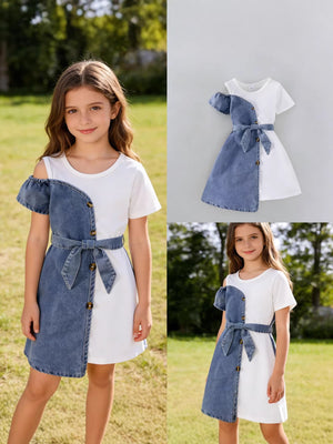 Girls' patchwork denim dress side profile showing belt at waist